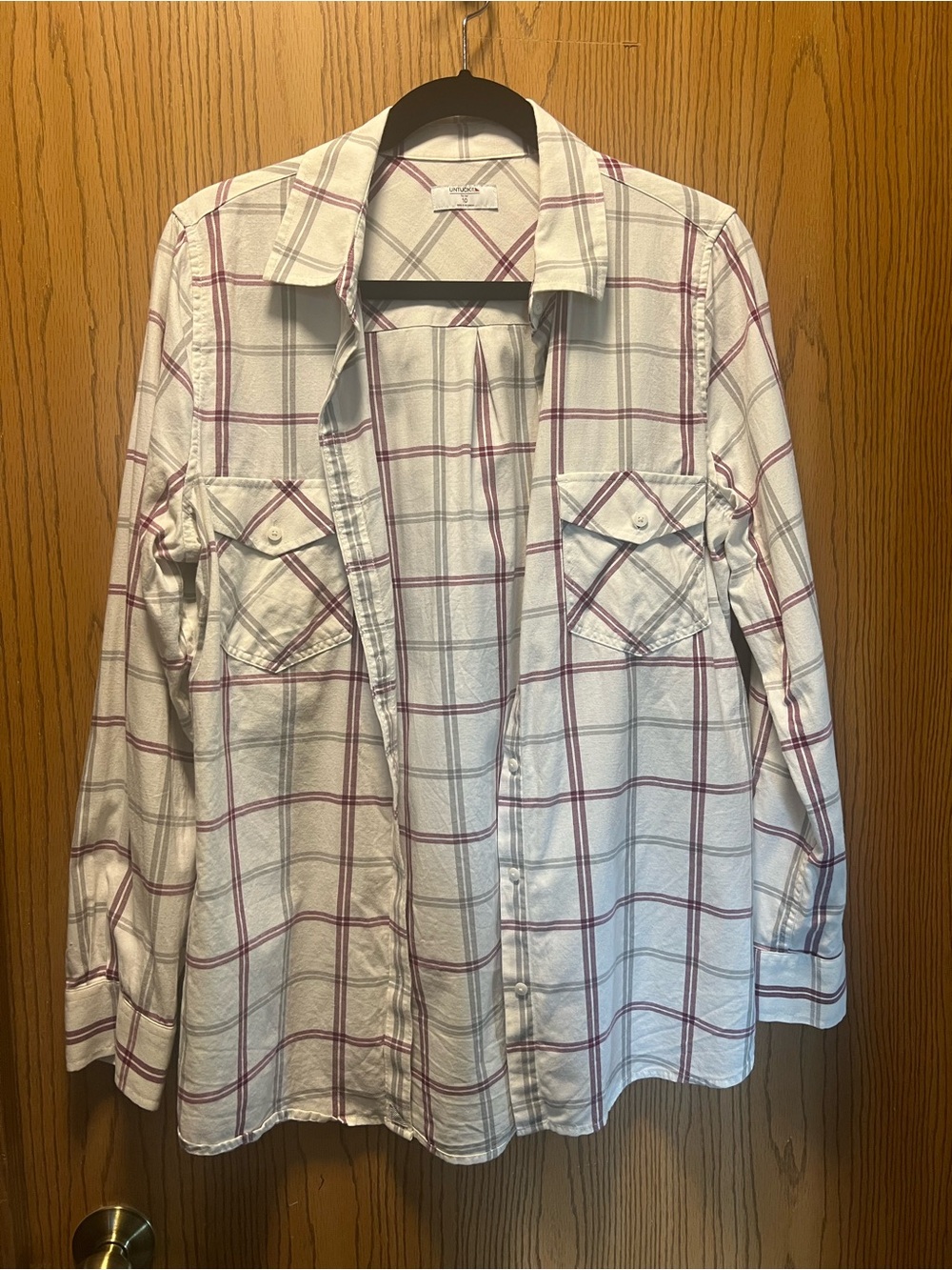 Women’s White Plaid Button-Up Shirt with Red Windowpane